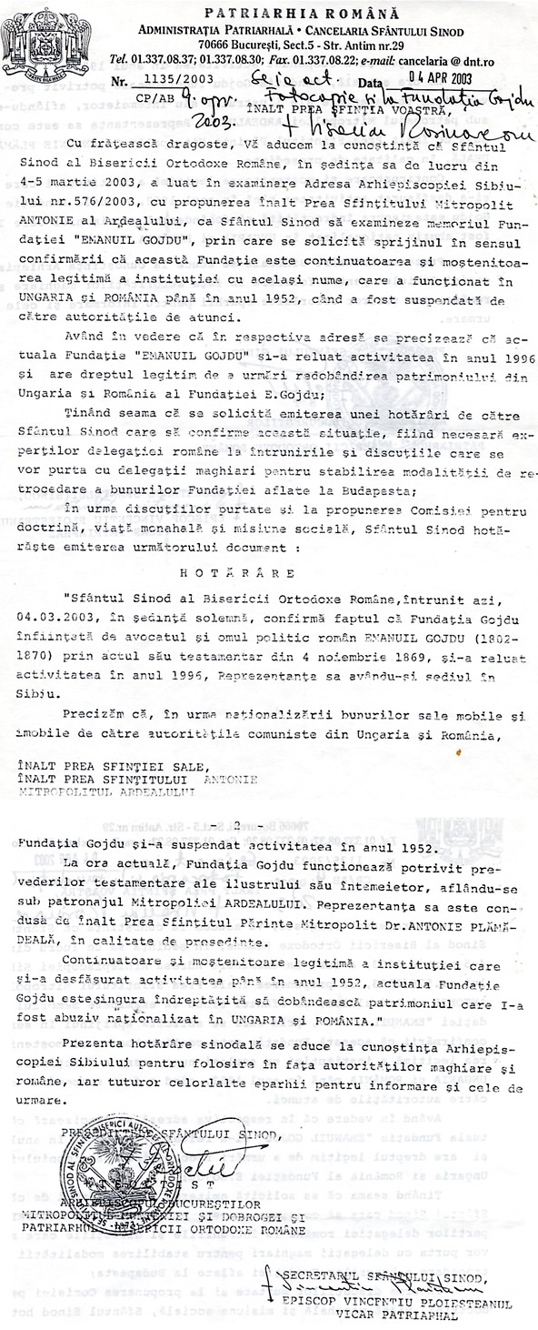 Hotararea Partiarhiei Romane