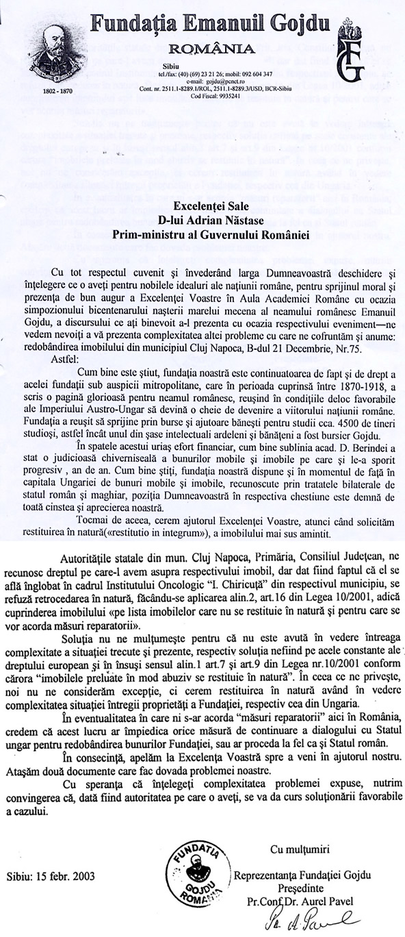 Scrisoare adresata Primului Ministru A. Nastase